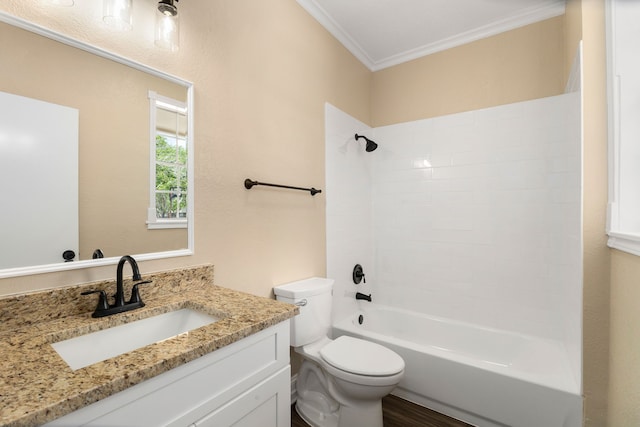 full bathroom with crown molding, wood finished floors, vanity, toilet, and bathing tub / shower combination