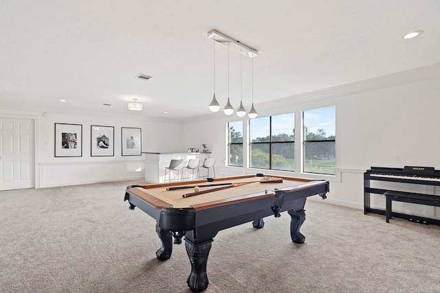 rec room with ornamental molding, carpet floors, billiards table, and recessed lighting