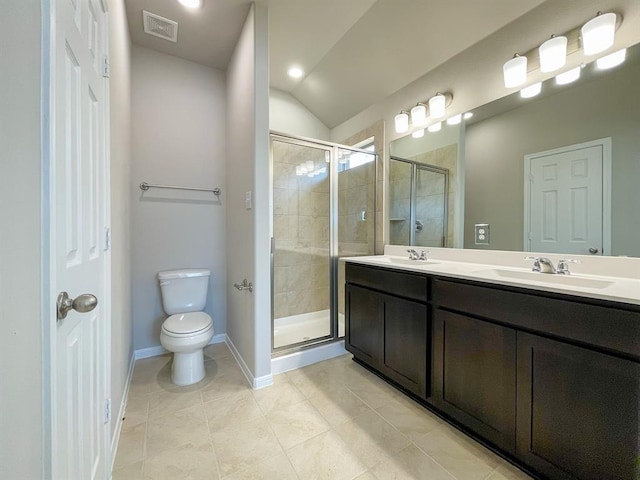 bathroom with toilet, visible vents, a sink, and a stall shower