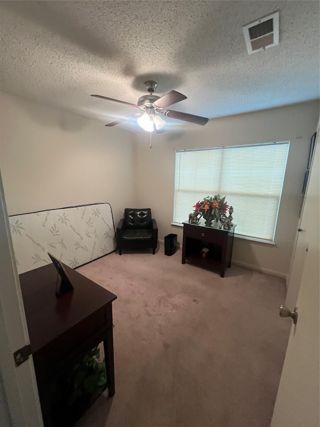 4710 Salina St, Houston, TX 77026 - living area with ceiling fan, carpet floors, and a textured ceiling