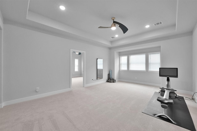 27954 Presley Park Dr, Spring, TX 77386 - workout room with visible vents, a ceiling fan, a raised ceiling, and recessed lighting