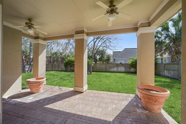view of patio with a ceiling fan and a fenced backyard