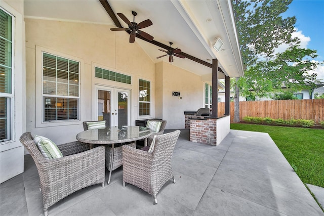 8322 Merlin Dr, Spring Valley Village, TX 77055 - view of patio / terrace with area for grilling, french doors, a ceiling fan, and outdoor dining space