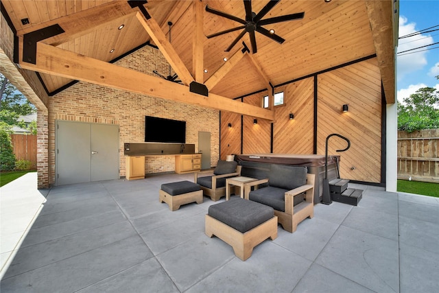 8322 Merlin Dr, Spring Valley Village, TX 77055 - view of patio with a hot tub, fence, ceiling fan, area for grilling, and a gazebo