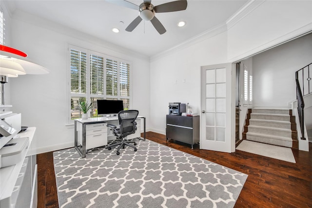8322 Merlin Dr, Spring Valley Village, TX 77055 - home office with crown molding, dark wood-style flooring, ceiling fan, baseboards, and recessed lighting