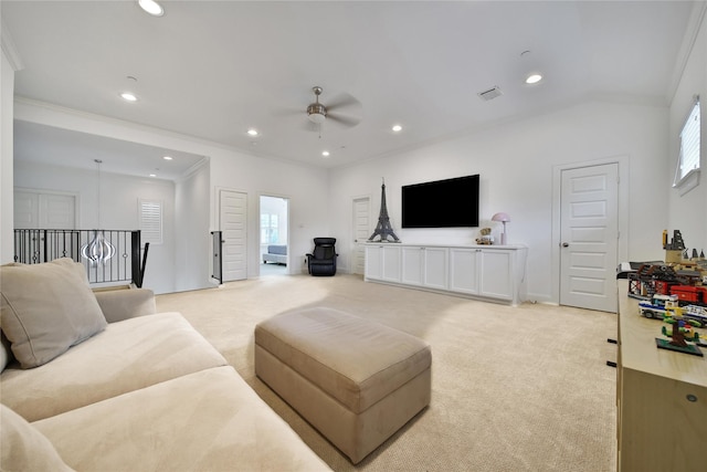 8322 Merlin Dr, Spring Valley Village, TX 77055 - living room featuring light colored carpet, a ceiling fan, healthy amount of natural light, recessed lighting, and ornamental molding