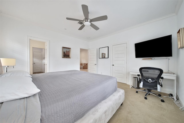 8322 Merlin Dr, Spring Valley Village, TX 77055 - bedroom featuring ornamental molding, light colored carpet, and ceiling fan