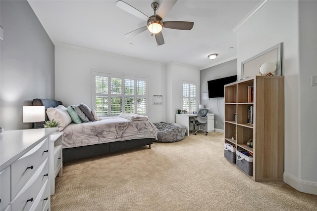 8322 Merlin Dr, Spring Valley Village, TX 77055 - bedroom featuring light colored carpet, crown molding, multiple windows, and an office area