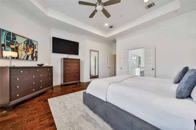 8322 Merlin Dr, Spring Valley Village, TX 77055 - bedroom featuring a tray ceiling, dark wood-type flooring, ornamental molding, a ceiling fan, and recessed lighting