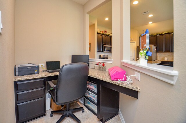 office area with light tile patterned floors, recessed lighting, and visible vents