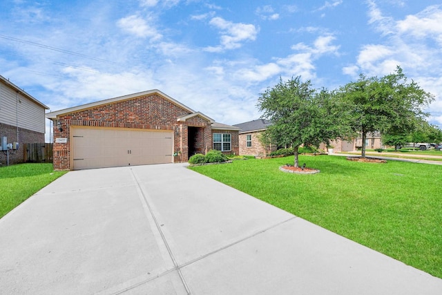 ranch-style home with fence, brick siding, a garage, a front yard, and driveway