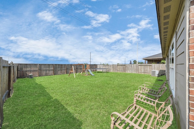 view of yard with central AC unit and a fenced backyard