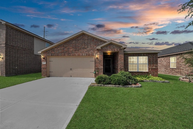 ranch-style home with concrete driveway, brick siding, a front lawn, and a garage