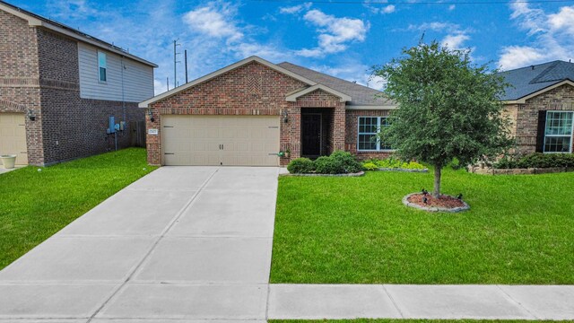 single story home featuring a garage, driveway, a front lawn, and brick siding