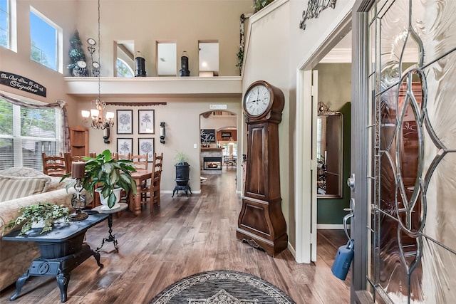 entryway featuring plenty of natural light, a high ceiling, wood finished floors, and a notable chandelier