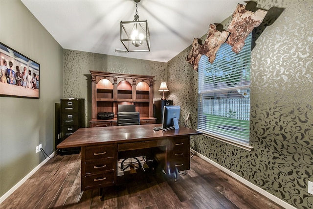 home office featuring baseboards, dark wood-style floors, and a chandelier
