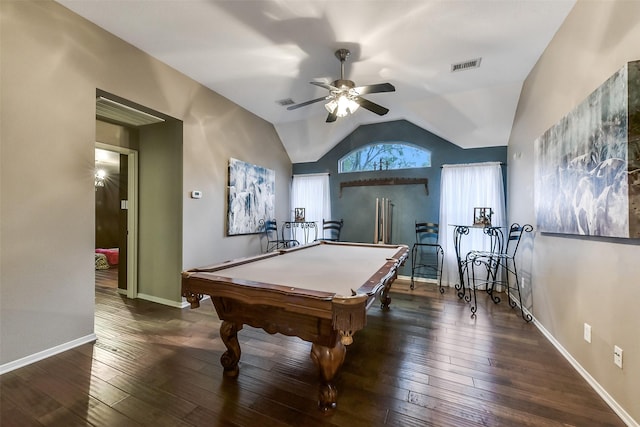 rec room featuring a ceiling fan, pool table, visible vents, and hardwood / wood-style floors
