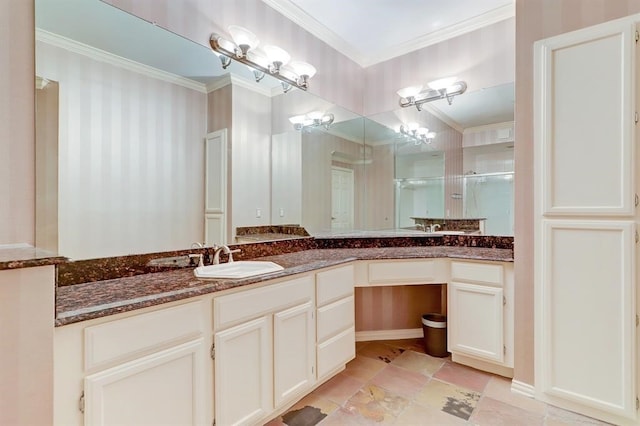 2111 Welch St Unit A212, Houston, TX 77019 - bathroom with ornamental molding, vanity, and a shower with door