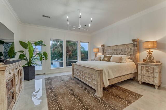 2025 S Shore Blvd, Montgomery, TX 77356 - bedroom with crown molding, a chandelier, visible vents, and access to exterior