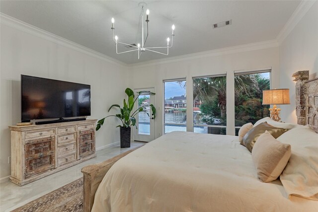 2025 S Shore Blvd, Montgomery, TX 77356 - bedroom featuring visible vents, crown molding, access to exterior, multiple windows, and a notable chandelier
