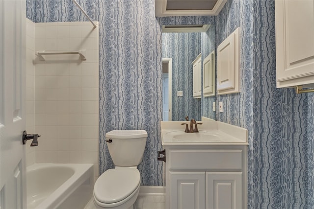 full bath with toilet, wallpapered walls, shower / tub combo, and vanity