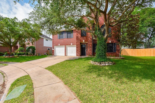 view of front facade with a garage, a front lawn, fence, brick siding, and concrete driveway
