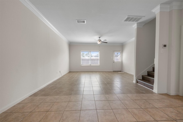 unfurnished living room with crown molding, ceiling fan, visible vents, and light tile patterned floors