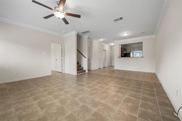 unfurnished living room with ceiling fan, tile patterned floors, visible vents, ornamental molding, and stairway