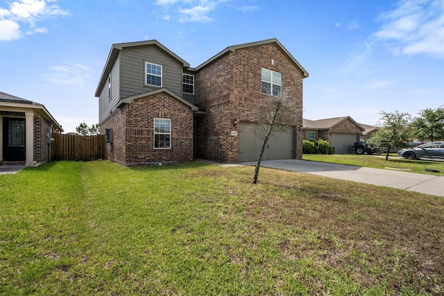 traditional-style house featuring a front lawn, fence, brick siding, concrete driveway, and an attached garage