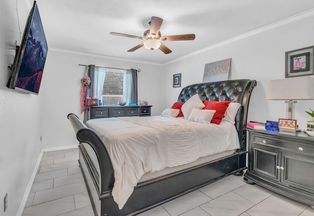 9114 Colony Cove Dr, Spring, TX 77379 - bedroom featuring baseboards, ornamental molding, marble finish floor, and a ceiling fan