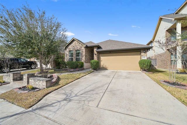 ranch-style house with concrete driveway, brick siding, an attached garage, and a shingled roof