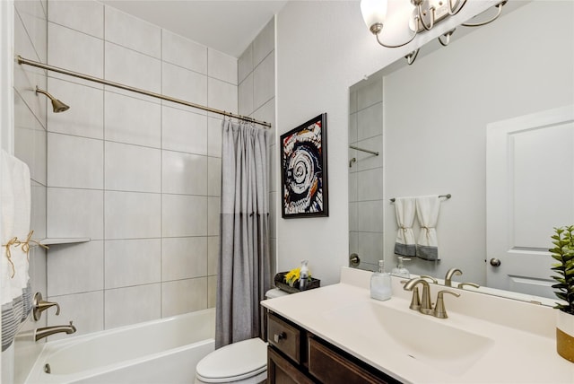 bathroom with vanity, toilet, and shower / tub combo with curtain