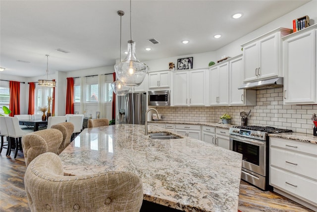 kitchen with visible vents, appliances with stainless steel finishes, wood finished floors, a sink, and under cabinet range hood