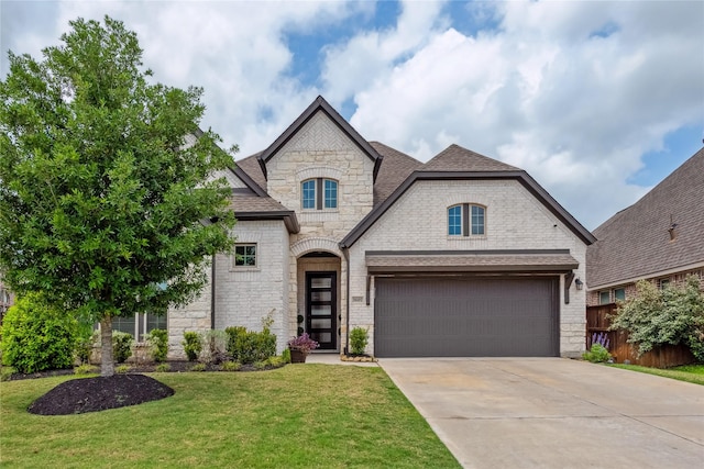 french country home with fence, a shingled roof, a front lawn, stone siding, and driveway