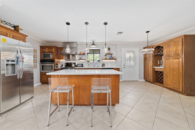 kitchen with open shelves, ornamental molding, and stainless steel appliances
