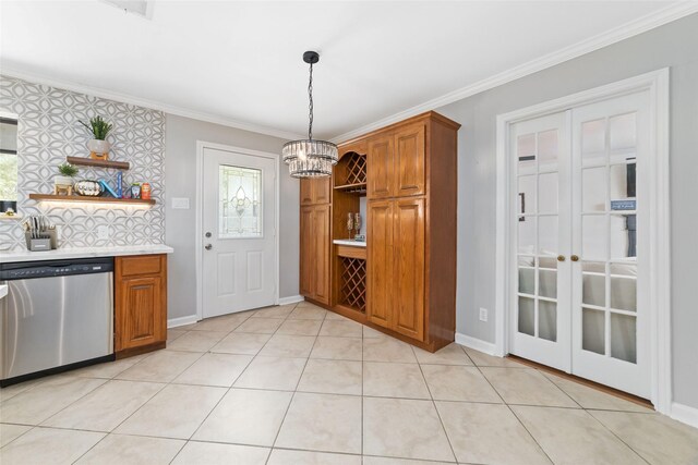 kitchen featuring brown cabinets, crown molding, open shelves, a notable chandelier, and stainless steel dishwasher