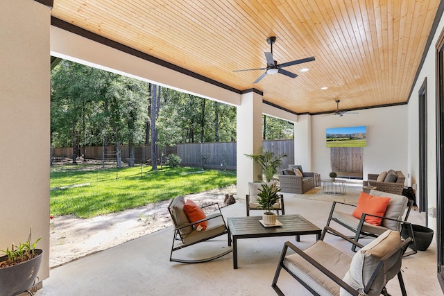view of patio / terrace with ceiling fan, outdoor lounge area, and a fenced backyard