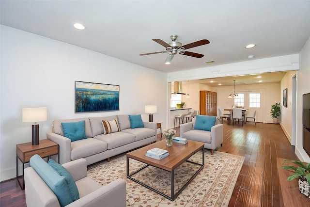 1406 Foxwood Rd, Houston, TX 77008 - living room featuring wood-type flooring, recessed lighting, ceiling fan, and visible vents