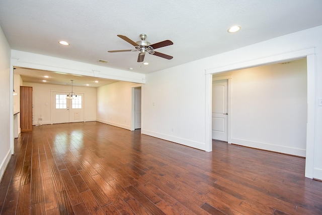 1406 Foxwood Rd, Houston, TX 77008 - unfurnished living room with a ceiling fan, visible vents, dark wood finished floors, baseboards, and recessed lighting