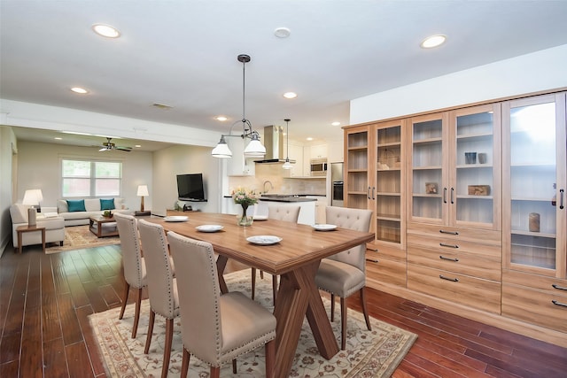 1406 Foxwood Rd, Houston, TX 77008 - dining room featuring recessed lighting, a ceiling fan, dark wood finished floors, and visible vents