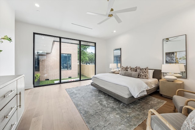 bedroom with recessed lighting, ceiling fan, access to exterior, and light wood finished floors
