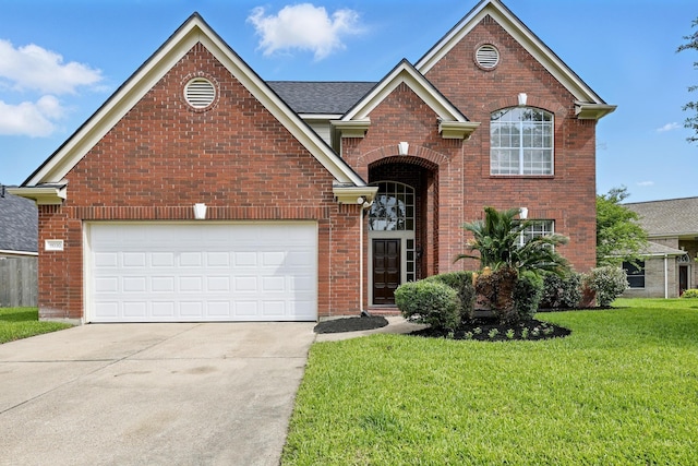 11030 Sprucedale Ct, Houston, TX 77070 - traditional home with driveway, a front yard, brick siding, a shingled roof, and a garage