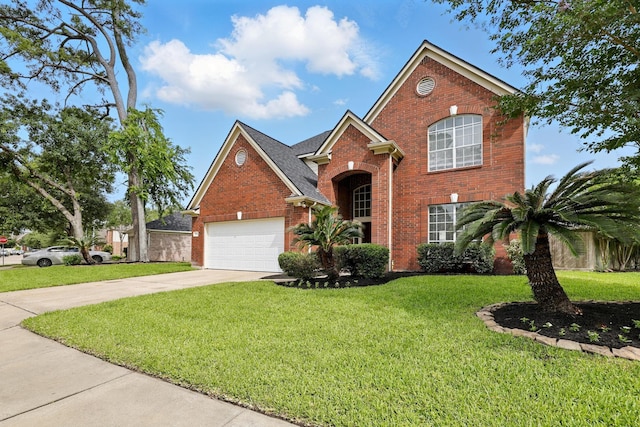 11030 Sprucedale Ct, Houston, TX 77070 - traditional-style home featuring brick siding, concrete driveway, a front lawn, and a garage