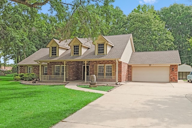 230009 Kama Dr, Porter, TX 77365 - cape cod house featuring a garage, a front lawn, brick siding, a porch, and driveway