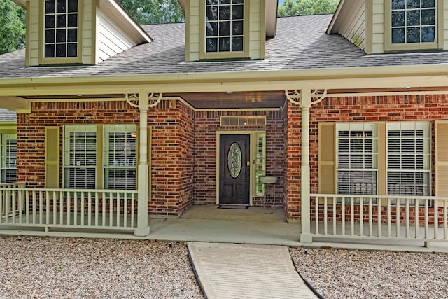 230009 Kama Dr, Porter, TX 77365 - doorway to property featuring brick siding, roof with shingles, and a porch