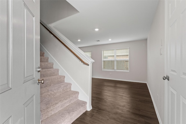 entryway featuring stairway, baseboards, recessed lighting, and dark wood-style floors