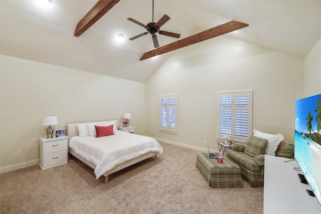 bedroom with beamed ceiling, light colored carpet, baseboards, and high vaulted ceiling