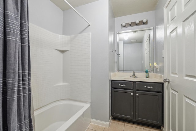 full bath with vanity, tile patterned flooring, baseboards, and shower / bath combination with curtain