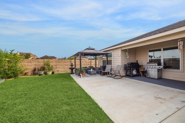view of yard with a patio, a gazebo, an outdoor living space, and fence private yard