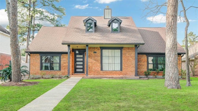 view of front of house featuring brick siding, a chimney, and a front lawn
